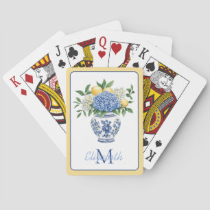 Blue and White Chinoiserie Vase With Hydrangeas Playing Cards