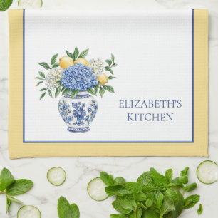 Blue and White Chinoiserie Vase With Hydrangeas Tea Towel