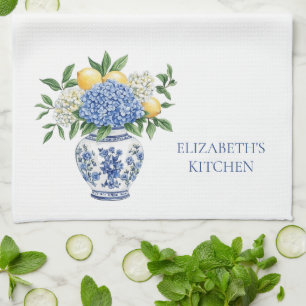 Blue and White Chinoiserie Vase With Hydrangeas Tea Towel
