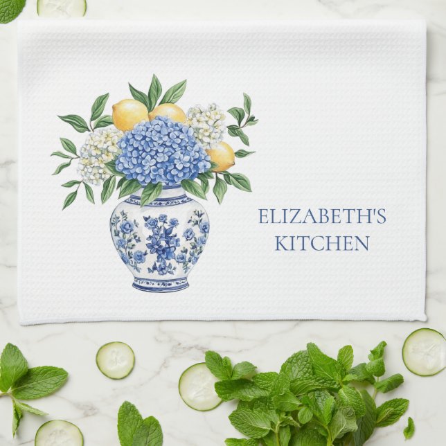 Blue and White Chinoiserie Vase With Hydrangeas Tea Towel (Folded)