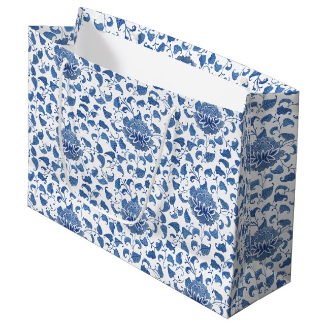 Blue And White Chinoiserie Watercolor Large Gift Bag (Front Angled)