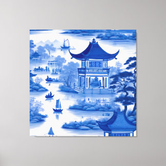 Blue and white chinoiserie with pagodas and boats canvas print