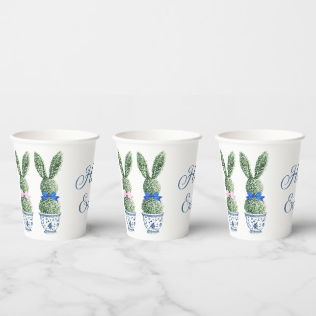 Blue and White Chinoiserie With Rabbit Topiaries Paper Cups (Multi)