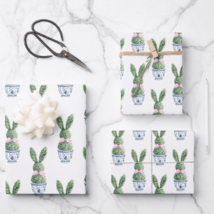 Blue and White Chinoiserie With Rabbit Topiary Wrapping Paper Sheet