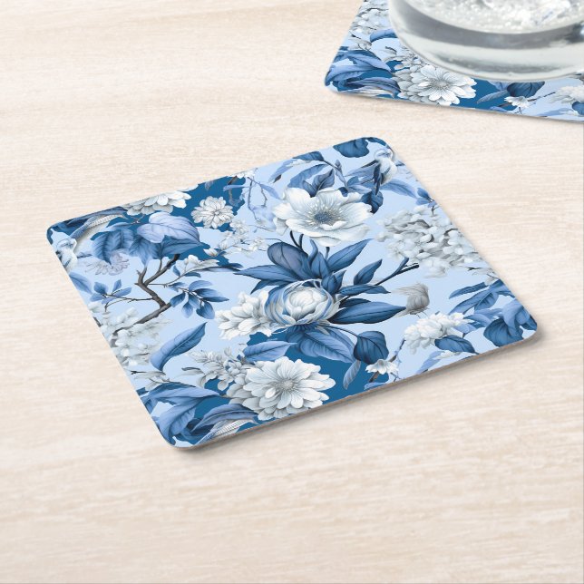 Blue and White Chinoserie Series Design 3 Square Paper Coaster (Angled)