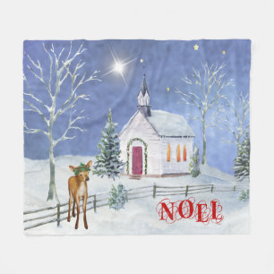 Blue and White Christmas Church Scene Blanket