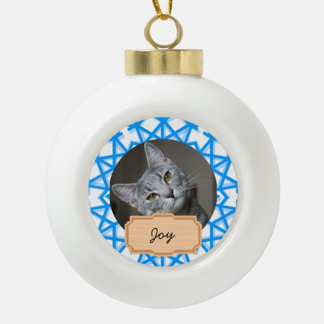 Blue and White christmas holiday Custom cat Photo  Ceramic Ball Christmas Ornament (Front)