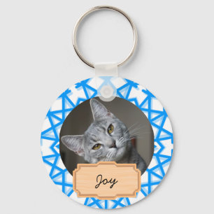 Blue and White christmas holiday Custom cat Photo  Key Ring
