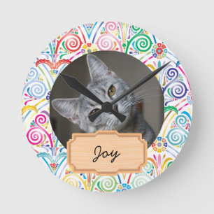 Blue and White christmas holiday Custom cat Photo Round Clock