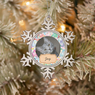 Blue and White christmas holiday Custom cat Photo Snowflake Pewter Christmas Ornament