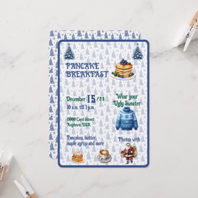 Blue and  White Christmas Pancake Breakfast  Invitation (Front/Back In Situ)