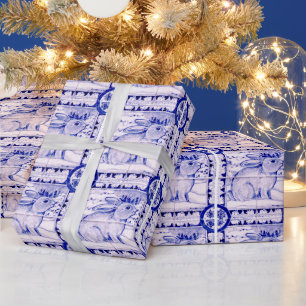 Blue and White Christmas Rabbit Wrapping Paper