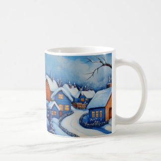 Blue and White Christmas Snowman Village Landscape Coffee Mug