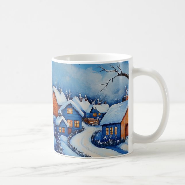 Blue and White Christmas Snowman Village Landscape Coffee Mug (Right)