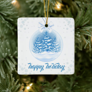Blue and White Christmas Tree Snow Globe  Ceramic Ornament