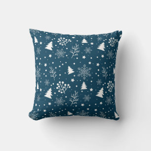 Blue and White Christmas Trees and Snowflakes Cushion