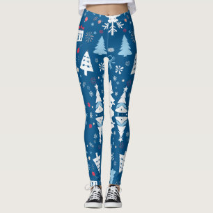 Blue and White Christmas Trees and Snowflakes Leggings