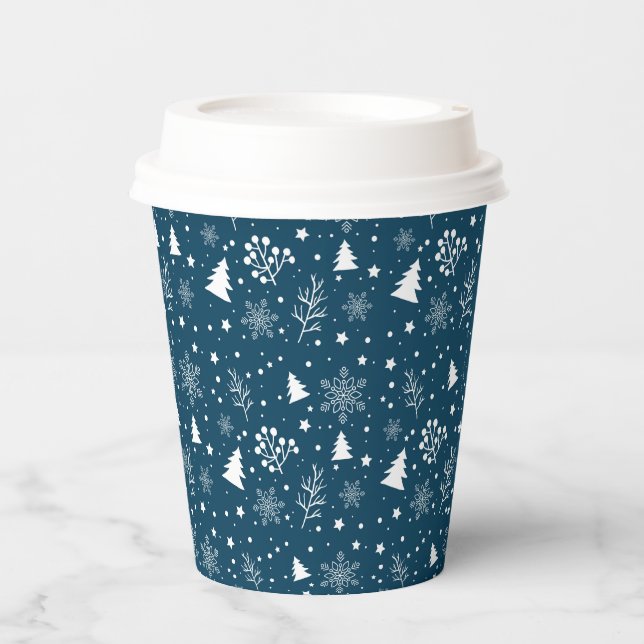 Blue and White Christmas Trees, Snowflakes Holiday Paper Cups (Front)