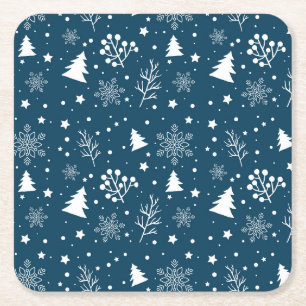 Blue and White Christmas Trees, Snowflakes Holiday Square Paper Coaster