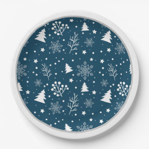 Blue and White Christmas Trees, Snowflakes Paper Plate