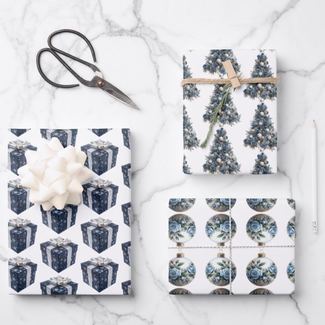  Blue and White Christmas Wrapping Paper Sheets (Front)