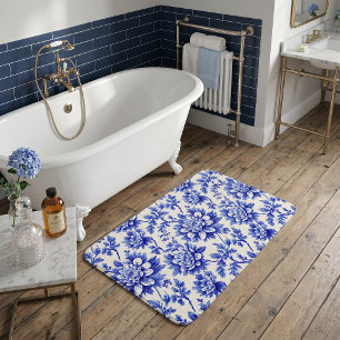 Blue and White Chrysanthemum French Country Decor Bath Mat