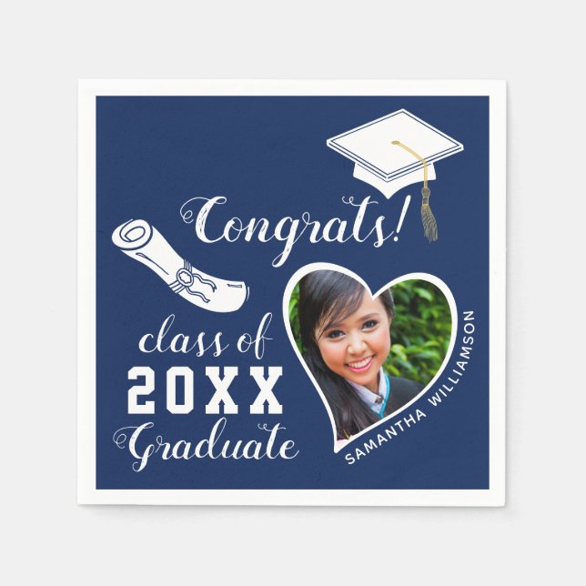 Blue and White Class of 2025 Grad Photo Graduation Napkin (Front)
