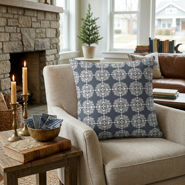 Blue and White Classic Damask Print Cushion (Blue and White Classic Damask Print Throw Pillow)