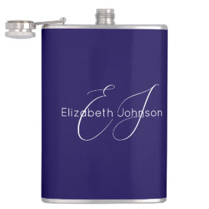 blue and white classic minimalist name customized  hip flask