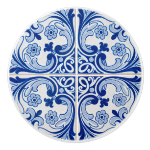 Blue and White Classic Tile Look Ceramic Knob
