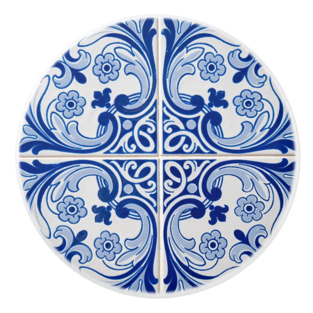  Blue and White Classic Tile Look  Ceramic Knob (Front)