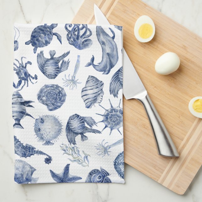 Blue and White Coastal Kitchen Towel (Quarter Fold)