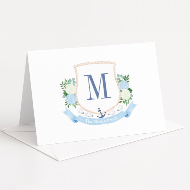 Blue And White Coastal Monogram Baby Shower Thank You Card (Single letter coastal-inspired monogram crest thank you card designs)