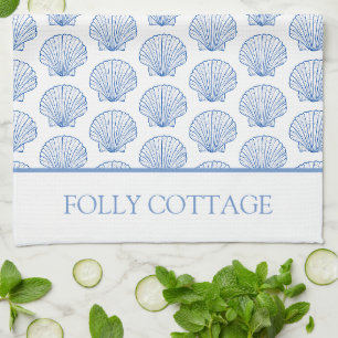 Blue and White Coastal Seashell Personalised Tea Towel