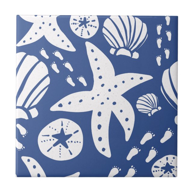 Blue and White Coastal Seashell Tile (Front)