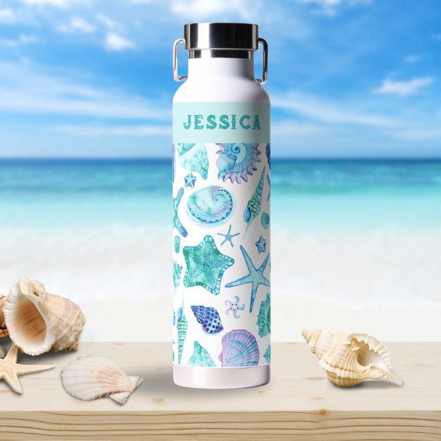 Blue and White Coastal Watercolor Shells Water Bottle (Blue and White Coastal Watercolor Shells Water Bottle)