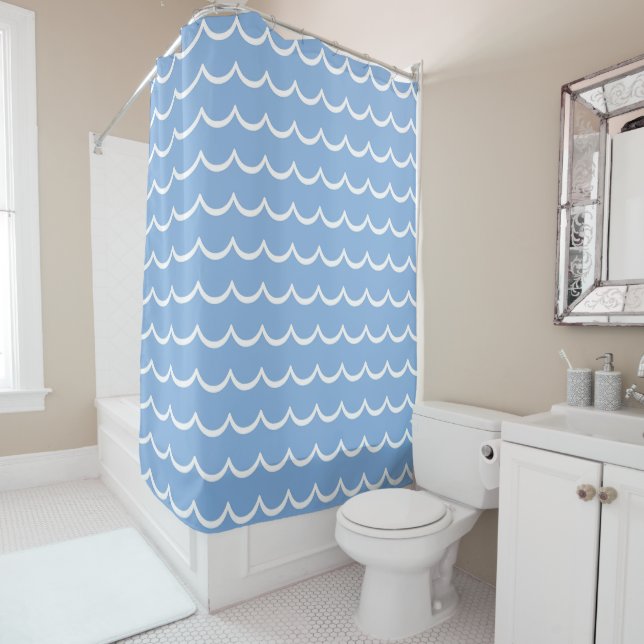 Blue and White Coastal Wave Pattern Shower Curtain (In Situ)