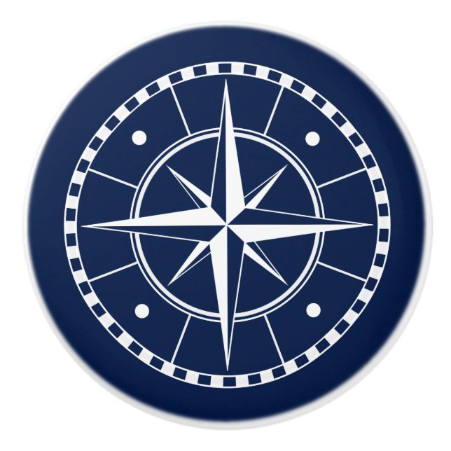 Blue and White Compass, Nautical Ceramic Knob (Front)
