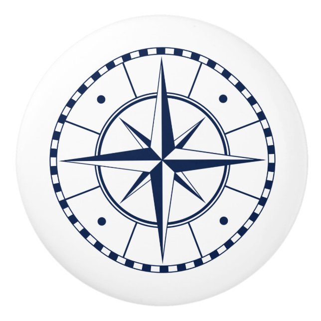Blue and White Compass, Nautical Ceramic Knob (Front)
