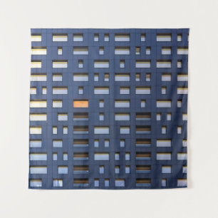 Blue and white concrete building tapestry