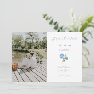 Blue and White Couple Photo Floral Hydrangea Save The Date
