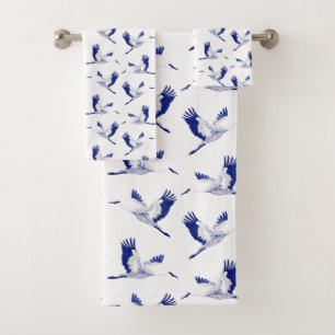 Blue and white cranes bath towel set