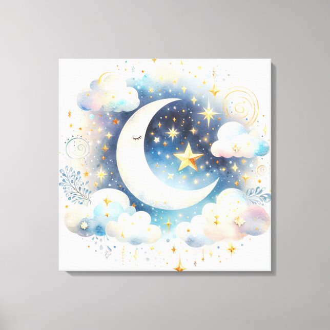 Blue and White Crescent Moon Celestial Boho Modern Canvas Print (Front)