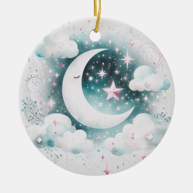 Blue and White Crescent Moon Celestial Boho Modern Ceramic Tree Decoration (Front)