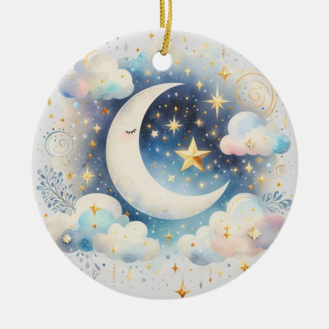 Blue and White Crescent Moon Celestial Boho Modern Ceramic Tree Decoration (Front)