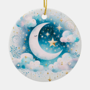 Blue and White Crescent Moon Celestial Boho Modern Ceramic Tree Decoration