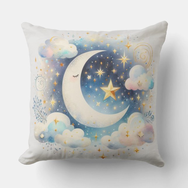 Blue and White Crescent Moon Celestial Boho Modern Cushion (Front)