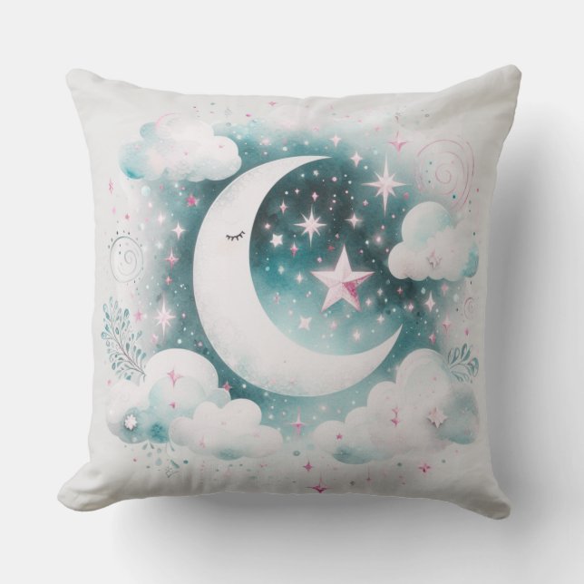 Blue and White Crescent Moon Celestial Boho Modern Cushion (Front)