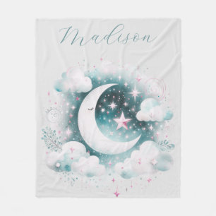 Blue and White Crescent Moon Celestial Boho Modern Fleece Blanket