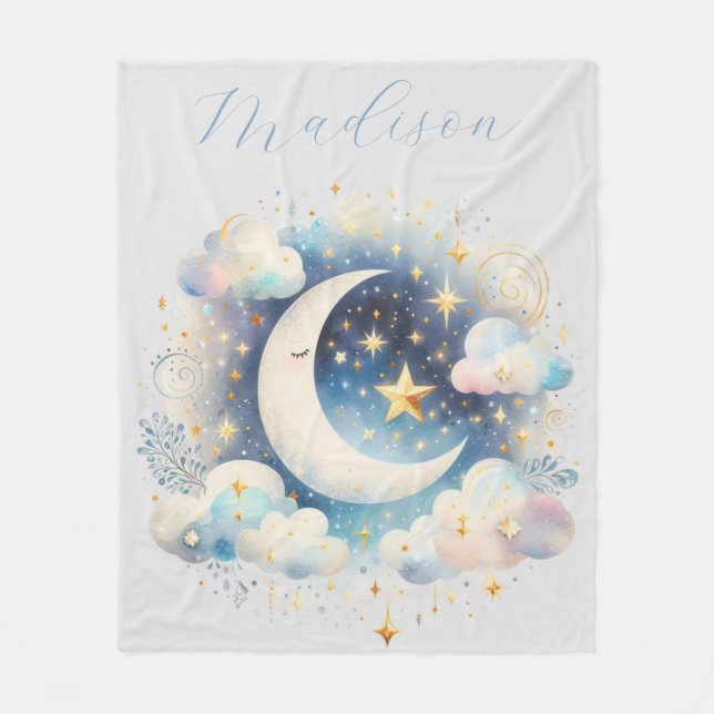 Blue and White Crescent Moon Celestial Boho Modern Fleece Blanket (Front)